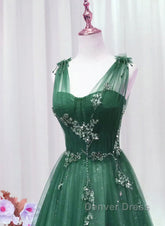 A-Line Green Sweetheart Beaded Tulle Prom Dresses, Green Tulle Long Evening Dresses